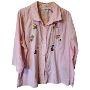 Breckenridge Womens Blouse 2x Pink Gingham Embroidry Cottage Core Grandma Core